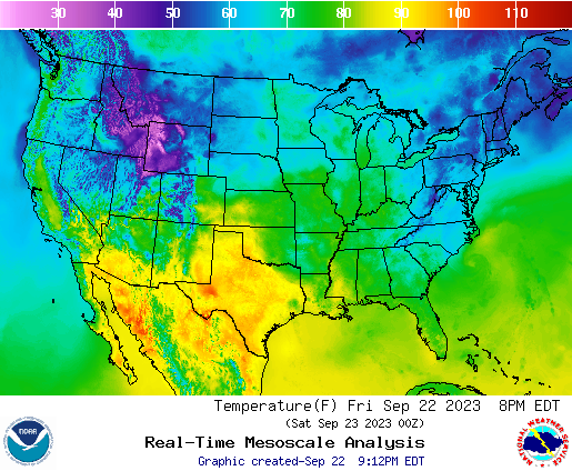 weather forecast graphic, showing temperature across the United States